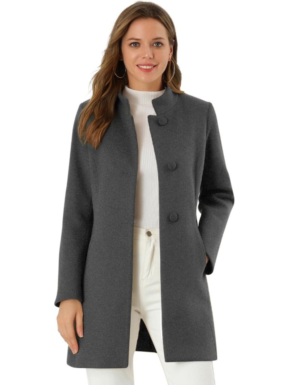 Women's Deep Grey Winter Overcoat Mid Long Stand Single Breasted Soft Pea Coat
